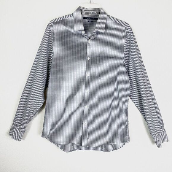 Perry Ellis Slim Fit Grey & White Checkered Plaid Long Sleeve Button Up Shirt - Picture 1 of 5